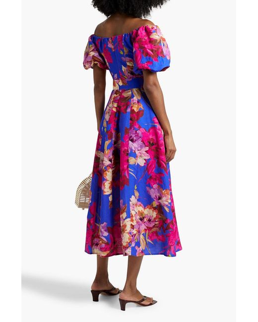 Nicholas Blue Off-the-shoulder Floral-print Linen-blend Midi Dress