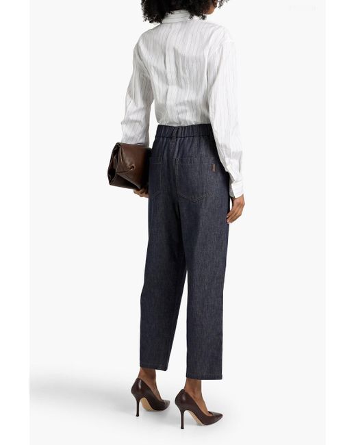 Brunello Cucinelli Blue Cotton-Chambray Straight-Leg Pants