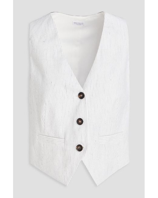 Brunello Cucinelli White Cropped Bead-Embellished Pinstriped Linen-Blend Vest
