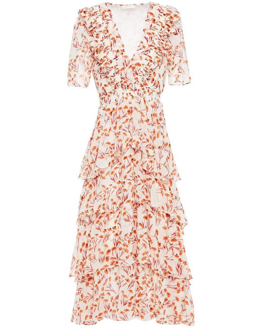 Maje Pink Romina Tiered Floral-print Chiffon Midi Dress