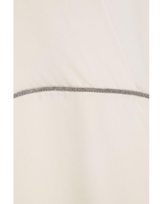 Brunello Cucinelli White Wrap-effect Bead-embellished Silk Crepe De Chine Top
