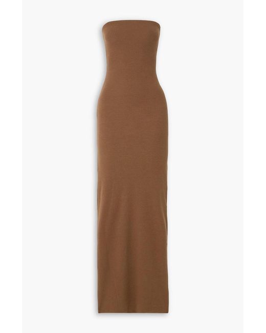 ÉTERNE Brown Strapless Ribbed Stretch-Jersey Maxi Dress