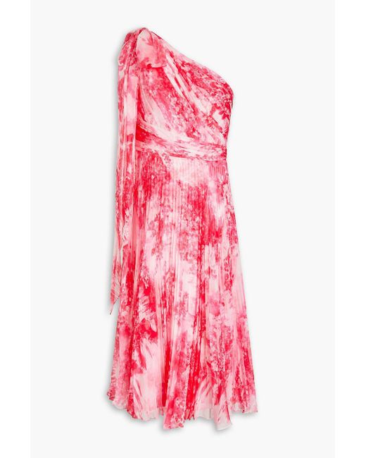 Marchesa Pink One-shoulder Pleated Printed Georgette Midi Dress