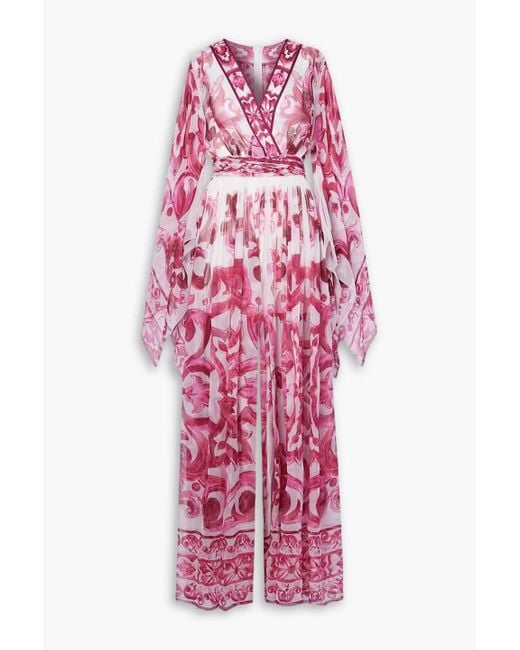 Dolce & Gabbana Red Majolica Belted Printed Silk-chiffon Jumpsuit
