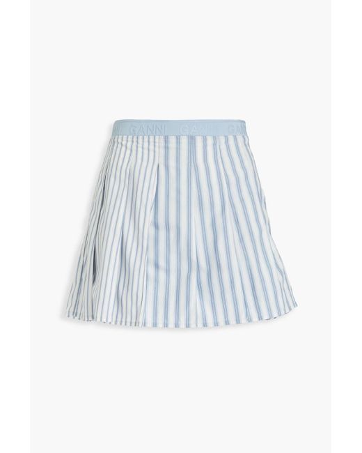 Ganni Blue Pleated Striped Cotton-poplin Mini Skirt
