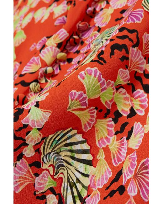 Saloni Red Margot Button-embellished Printed Crepe De Chine Midi Dress