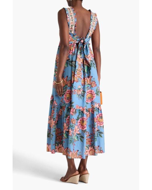 Farm Rio Blue Floral-print Tm And Cotton-blend Poplin Midi Dress