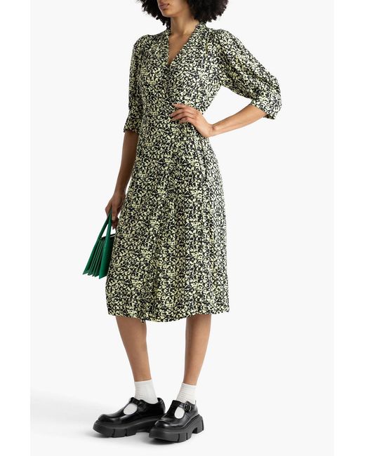 Ganni Black Printed Crepe Midi Wrap Dress