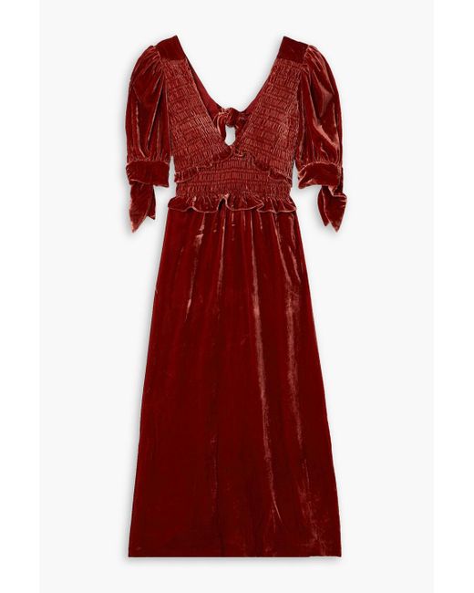 Sea Red Mayde Open-back Smocked Velvet Midi Dress