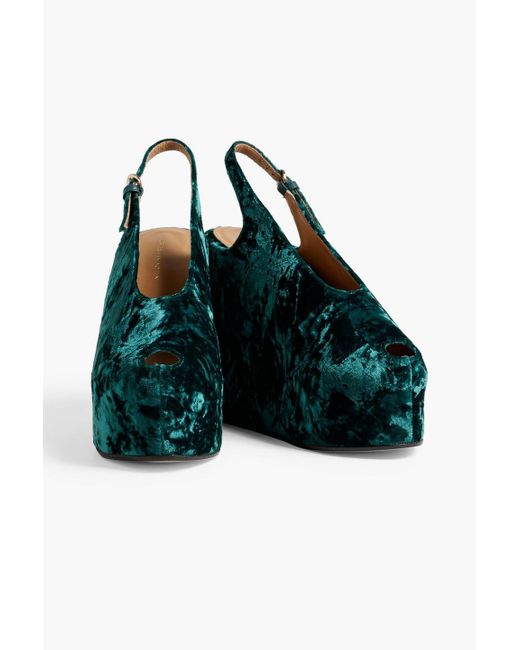 Dries Van Noten Green Crushed-velvet Wedge Slingback Sandals