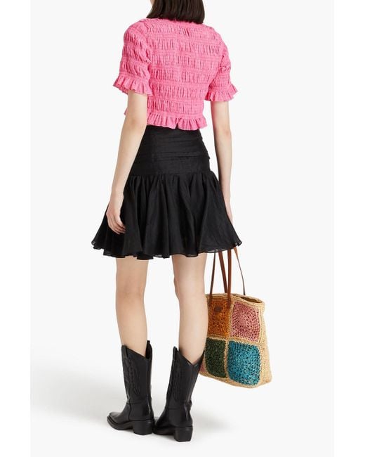Sandro Black Fluted Pleated Linen-blend Gauze Mini Skirt