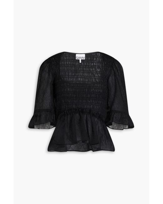 Ganni Black Shirred Georgette Top
