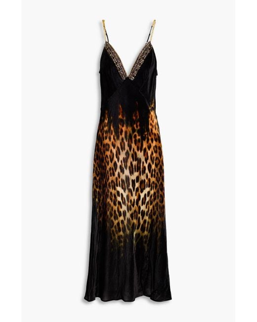 Camilla Black Embellished Leopard-Print Velvet Midi Slip Dress