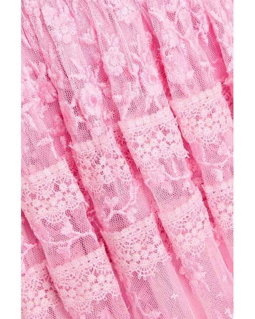Needle & Thread Pink Crochet-trimmed Embroidered Tulle Mini Dress