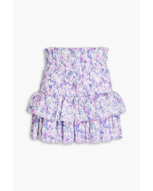 Maje Purple Ruffled Shirred Floral-print Satin Mini Skirt