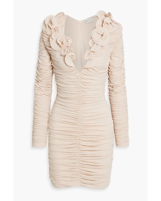 Magda Butrym Natural Floral-Appliquéd Ruched Stretch-Jersey Mini Dress