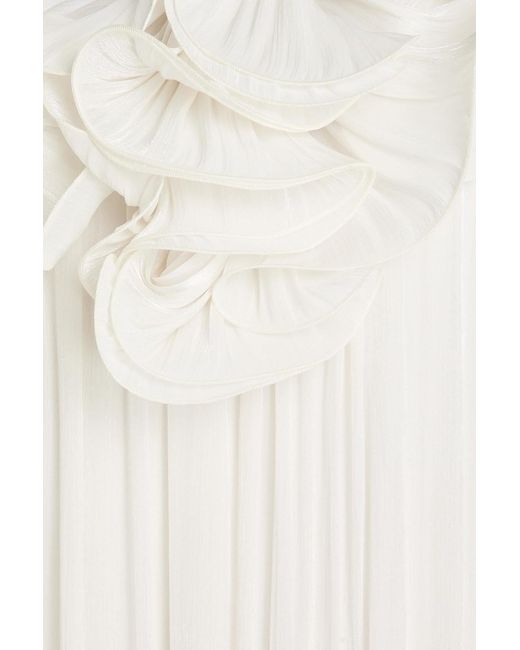 Costarellos White Charmain One-Shoulder Floral-Appliquéd Georgette Gown