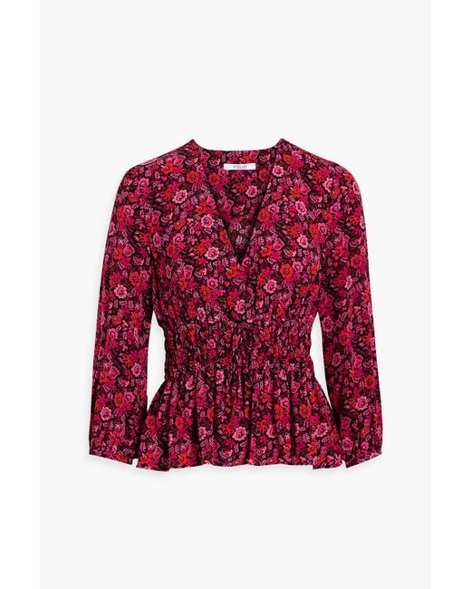 10 Crosby Derek Lam Red Gathe Floral-print Crepe De Chine Top