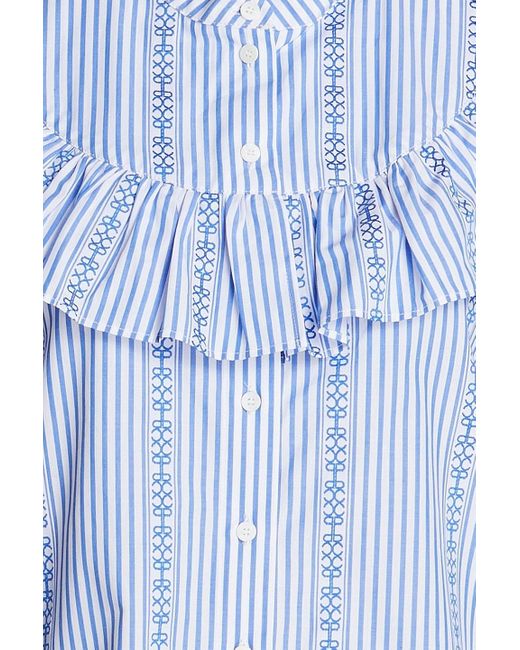 Claudie Pierlot Blue Hemd aus baumwollpopeline mit streifen und rüschen