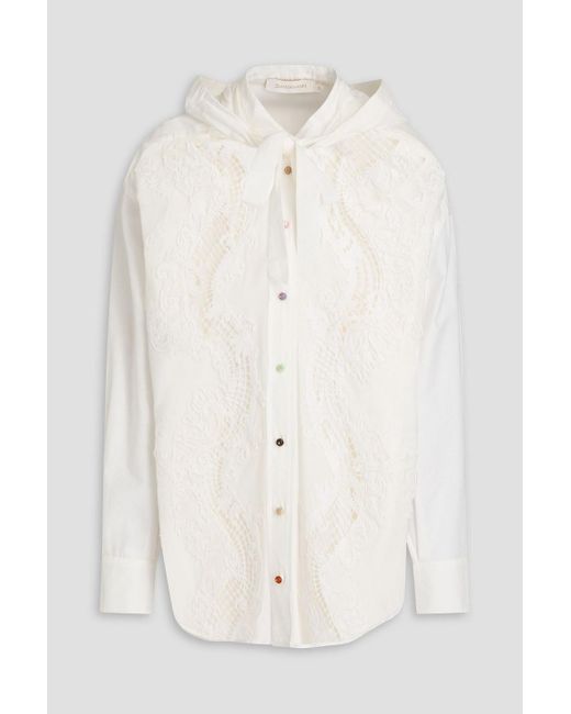 Zimmermann White Guipure Lace-paneled Cotton And Silk-blend Poplin Hooded Shirt