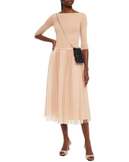 RED Valentino Natural Paneled Pleated Chiffon And Point D'esprit Midi Skirt