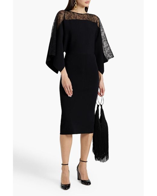 Valentino Garavani Black Corded Lace-paneled Stretch-knit Midi Dress