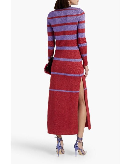 Rabanne Red Metallic Striped Knitted Turtleneck Maxi Dress