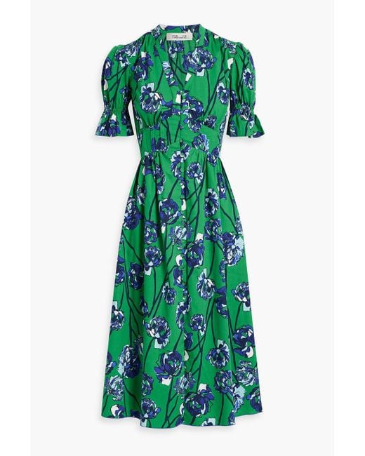 Diane von Furstenberg Green Erica Shirred Floral-print Cotton-blend Poplin Midi Shirt Dress