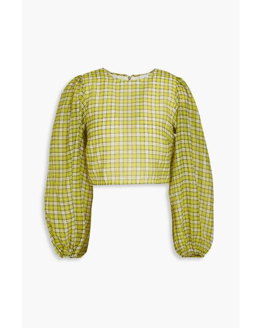 Ganni Green Cropped Checked Organza Blouse