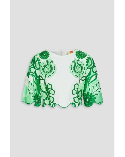 Farm Rio Green Cropped Printed Linen Top
