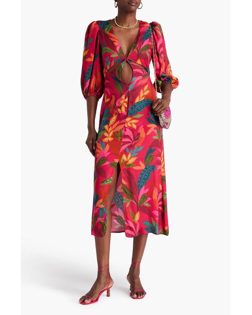 Farm Rio Red Cutout Printed Satin Midi Dress