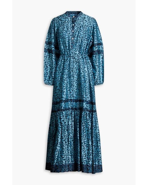HANNAH Blue Viviana Printed Cotton And Silk-blend Maxi Dress