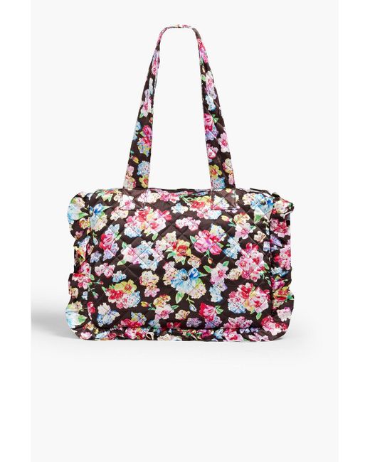 Ganni Black Ruffled Quilted Floral-print Satin Tote