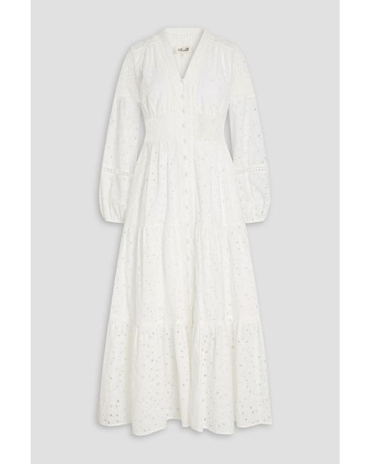 Diane von Furstenberg White Gigi Tiered Broderie Anglaise Cotton Midi Dress