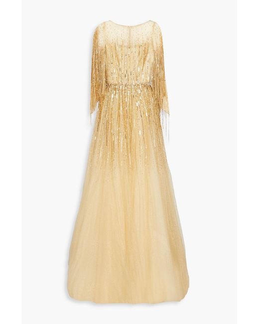 Jenny Packham Natural Sequin-embellished Cape-effect Glittered Tulle Gown