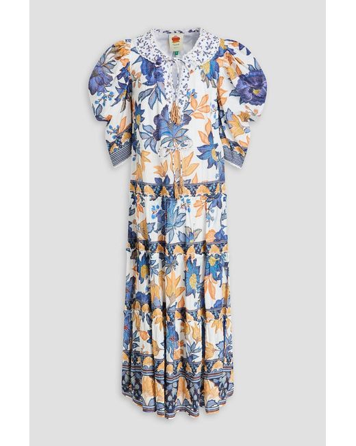 Farm Rio Blue Tiered Floral-print Swiss-dot Cotton Midi Dress