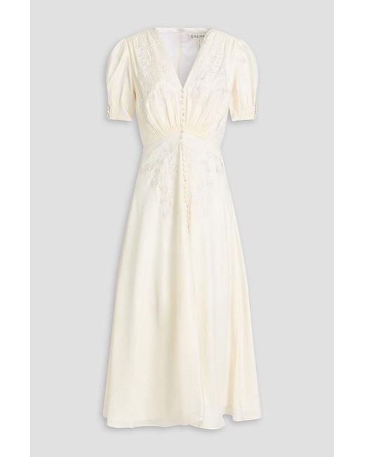 Saloni White Dotty Floral-Jacquard Midi Dress
