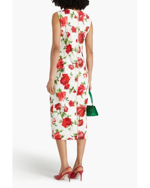 Carolina Herrera Red Floral-print Cotton-blend Twill Midi Dress