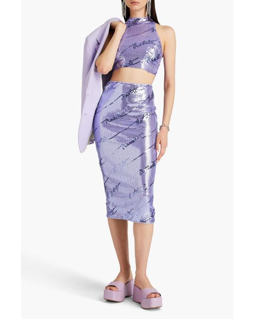 ROTATE BIRGER CHRISTENSEN Purple Cropped Sequined Stretch-mesh Top