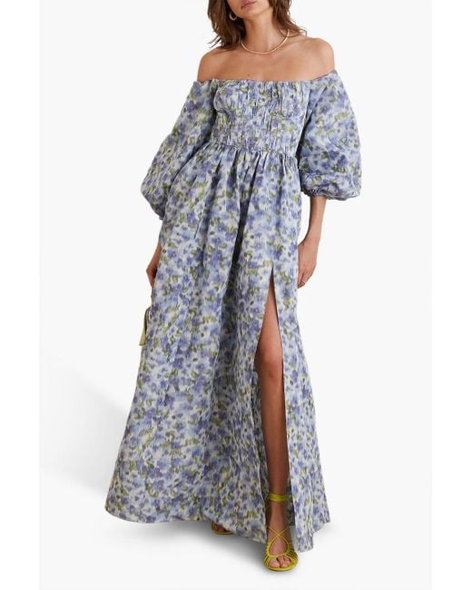 Carolina Herrera Blue Off-the-shoulder Floral-print Taffeta Gown