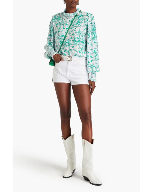 Isabel Marant Blue Yoshi Ruffled Printed Crepe De Chine Top