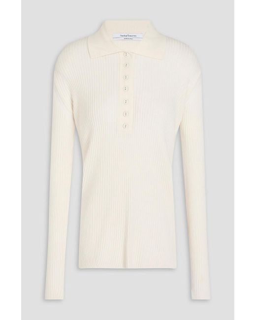 Another Tomorrow Natural Ribbed Merino Wool-blend Polo Sweater