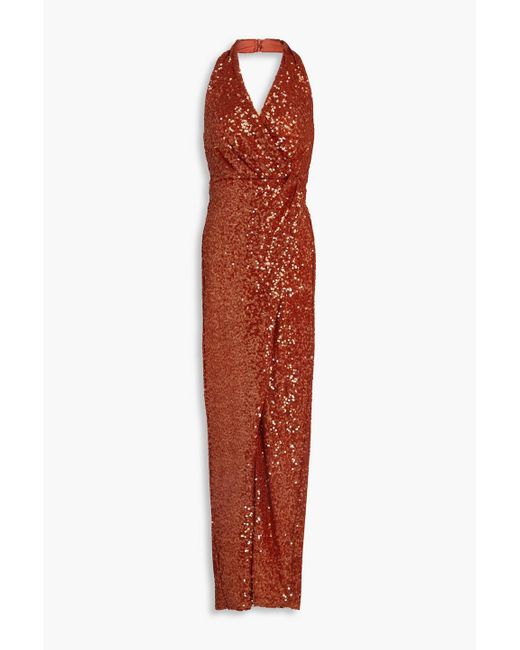Halston Heritage Red Svetlana Wrap-effect Sequined Mesh Halterneck Gown