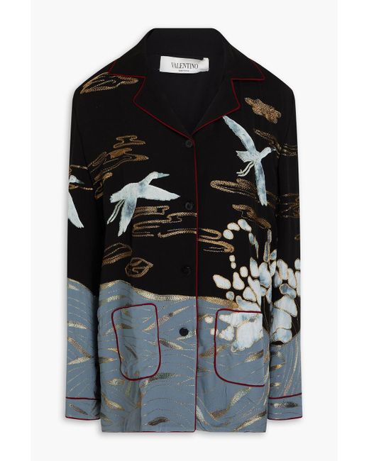 Valentino Garavani Black Appliquéd Metallic Silk-georgette Shirt