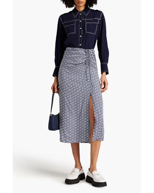 Claudie Pierlot Blue Sapin Ruched Printed Twill Midi Skirt