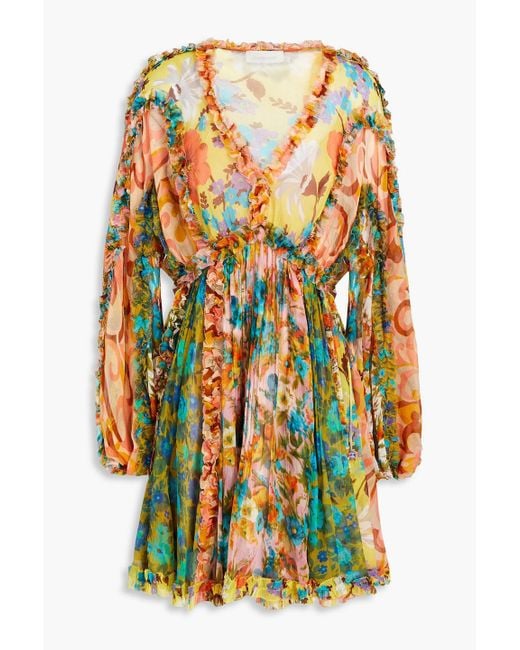 Zimmermann Yellow Estelle Billow Gathered Floral-print Georgette Mini Dress