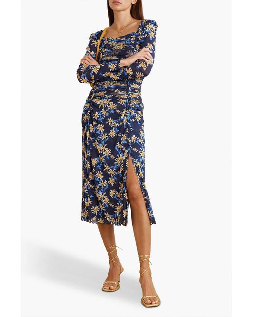 Diane von Furstenberg Blue Amelie Ruched Floral-print Stretch-mesh Midi Dress