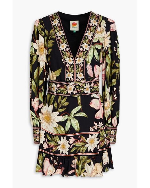 Farm Rio Black Belted Floral-Print Crepe Mini Dress