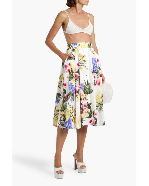 Dolce & Gabbana White Pleated Floral-Print Cotton-Poplin Midi Skirt