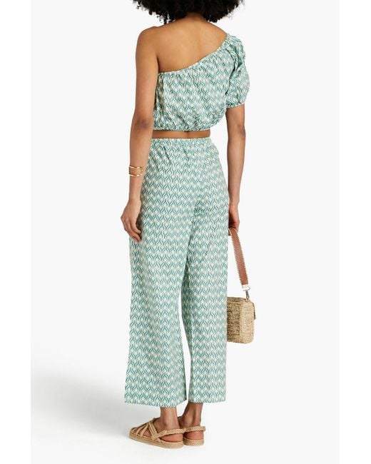 Onia Blue Bedrucktes cropped oberteil aus baumwollpopeline mit asymmetrischer schulterpartie